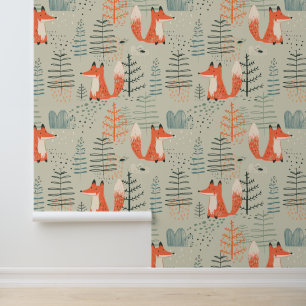 Cute Doodle Fox Forest Woodland Pattern Wallpaper