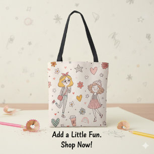 Cute Doodle Girls Full-Print Tote Bag