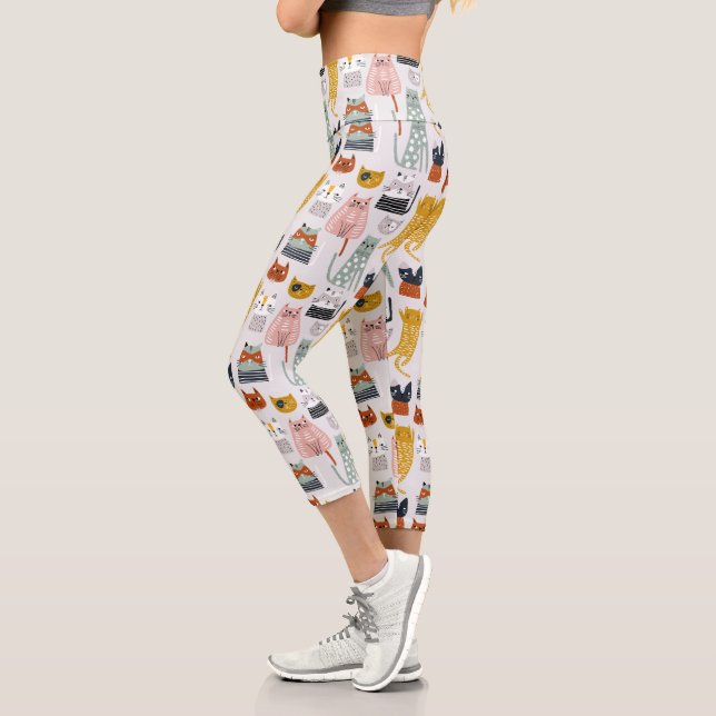 Cute Doodle Hand Drawn Cat Pattern Capri Leggings (Left)
