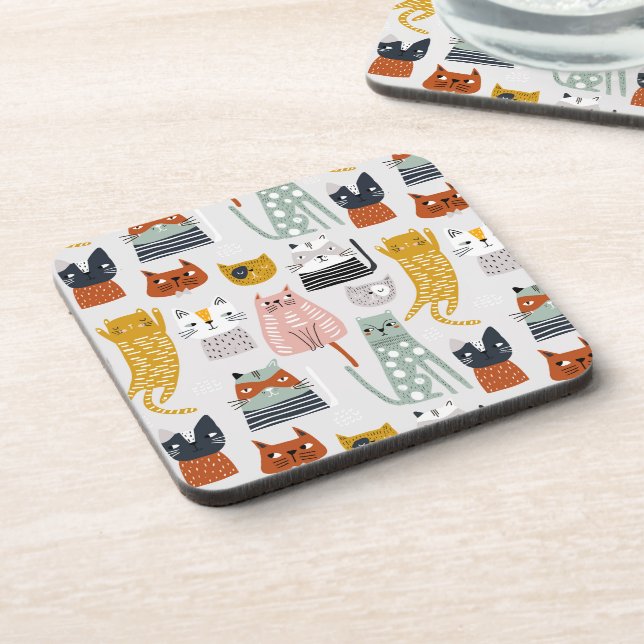 Cute Doodle Hand Drawn Cat Pattern Coaster (Left Side)
