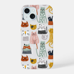 Cute Doodle Hand Drawn Cat Pattern iPhone 15 Case