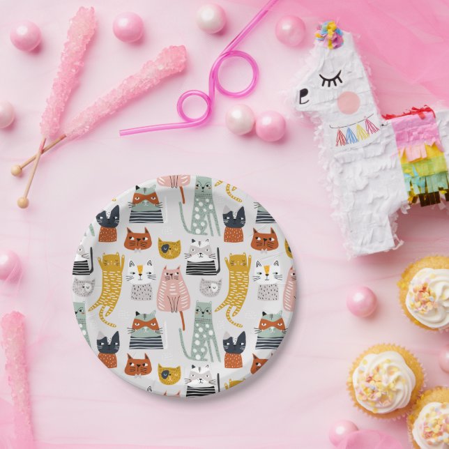Cute Doodle Hand Drawn Cat Pattern Paper Plate (Party)