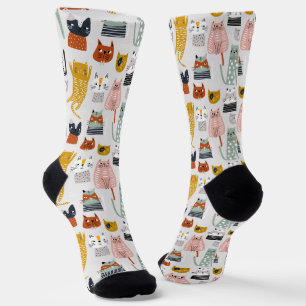 Cute Doodle Hand Drawn Cat Pattern Socks