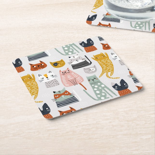 Cute Doodle Hand Drawn Cat Pattern Square Paper Coaster (Angled)