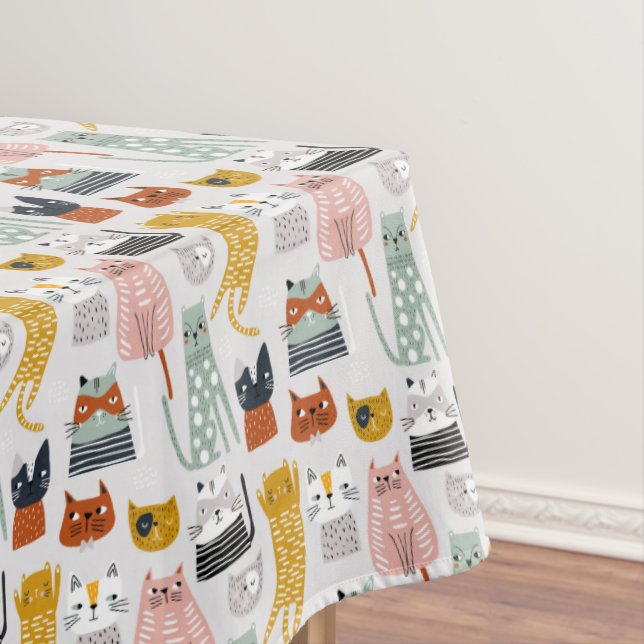 Cute Doodle Hand Drawn Cat Pattern Tablecloth (In Situ)
