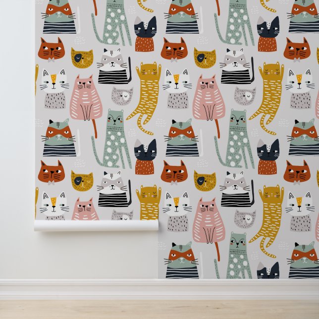 Cute Doodle Hand Drawn Cat Pattern Wallpaper (Application)