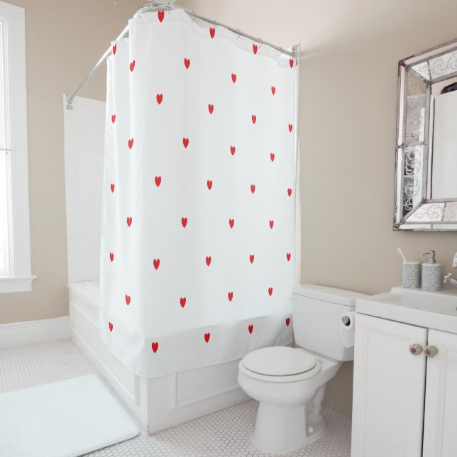 Cute Doodle Heart Pattern Red White Custom Colour Shower Curtain (In Situ)