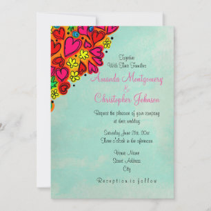Cute Doodle Hearts and Flowers Wedding Invitation