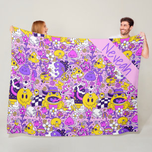 Cute Doodle Hippy Style Cartoons Fleece Blanket