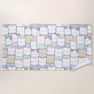 Cute Doodle Kitten Faces Pattern Beach Towel