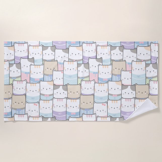 Cute Doodle Kitten Faces Pattern Beach Towel (Front)