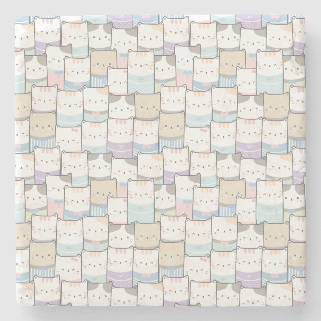 Cute Doodle Kitten Faces Pattern Stone Coaster (Front)