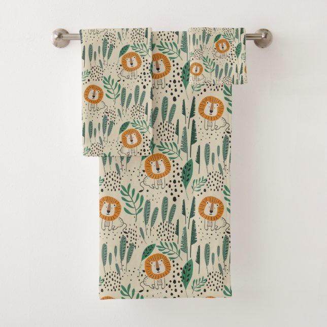 Cute Doodle Lion Jungle Rainforest Pattern Bath Towel Set (Insitu)