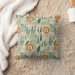 Cute Doodle Lion Jungle Rainforest Pattern Cushion