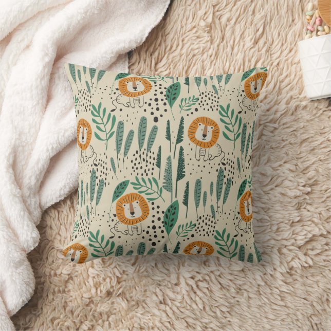 Cute Doodle Lion Jungle Rainforest Pattern Cushion (Blanket)