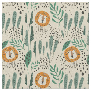Cute Doodle Lion Jungle Rainforest Pattern Fabric