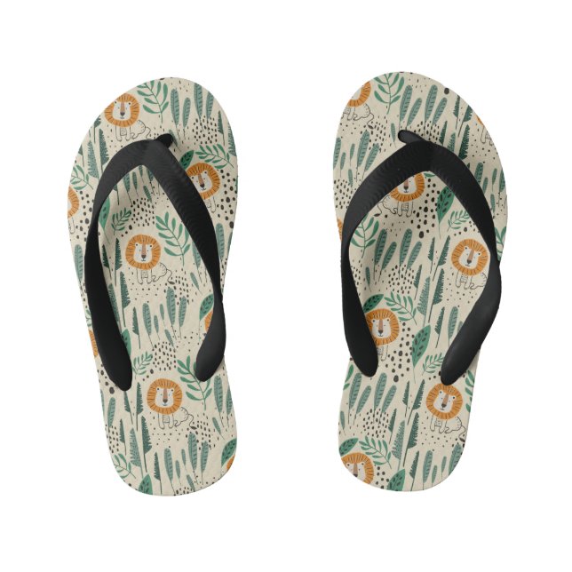 Cute Doodle Lion Jungle Rainforest Pattern Kid's Thongs (Footbed)