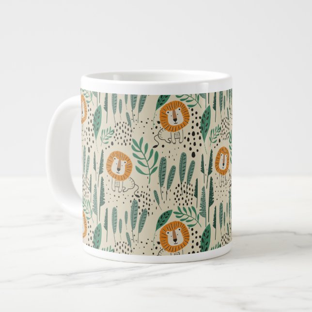 Cute Doodle Lion Jungle Rainforest Pattern Large Coffee Mug (Front Left)