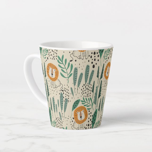 Cute Doodle Lion Jungle Rainforest Pattern Latte Mug (Left Angle)