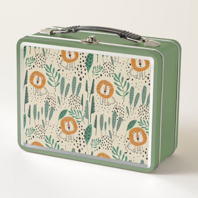 Cute Doodle Lion Jungle Rainforest Pattern Metal Lunch Box (Front)