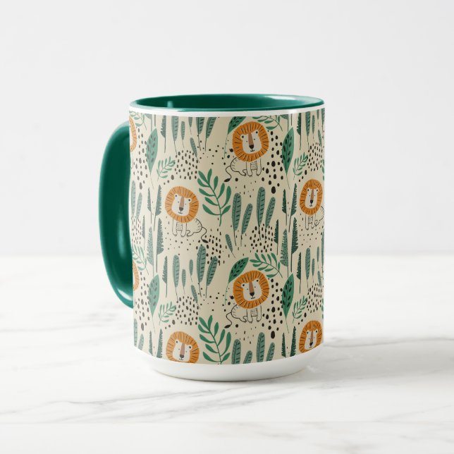 Cute Doodle Lion Jungle Rainforest Pattern Mug (Front Left)