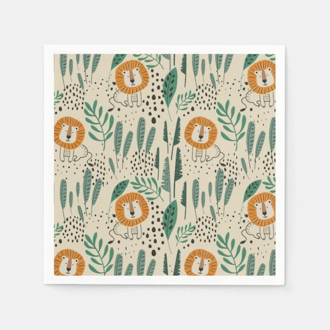 Cute Doodle Lion Jungle Rainforest Pattern Napkin (Front)