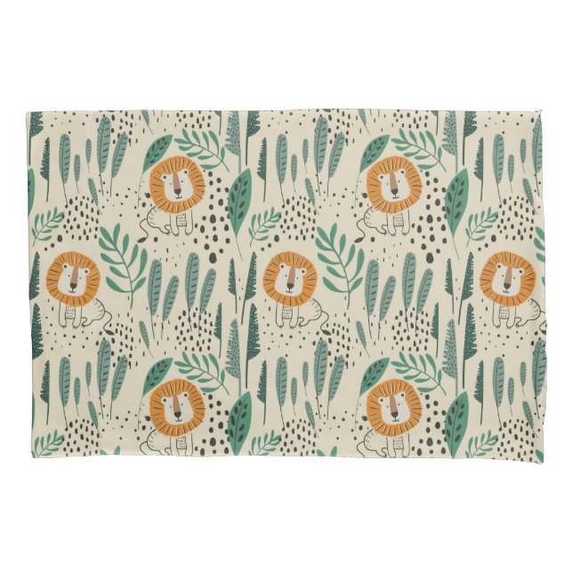 Cute Doodle Lion Jungle Rainforest Pattern Pillowcase (Front)