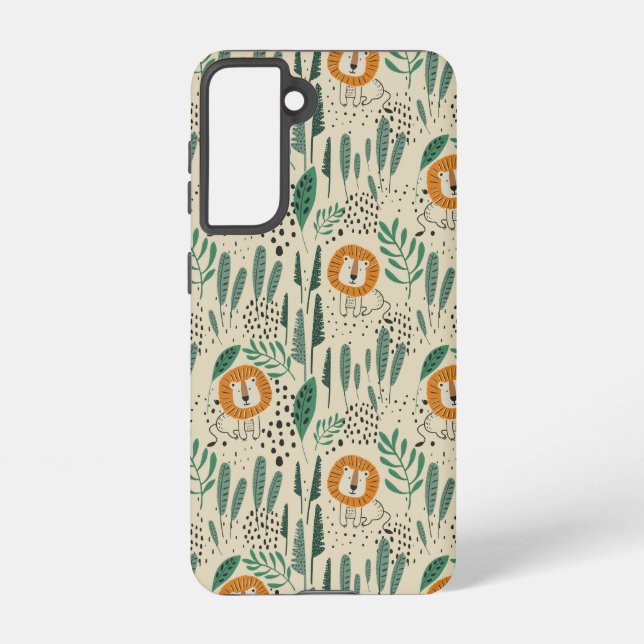 Cute Doodle Lion Jungle Rainforest Pattern Samsung Galaxy S21 Case (Back)