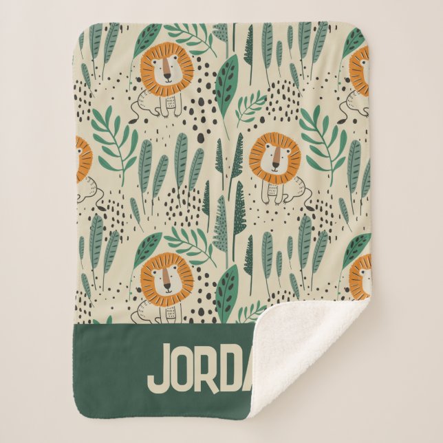 Cute Doodle Lion Jungle Rainforest Pattern Sherpa Blanket (Front)