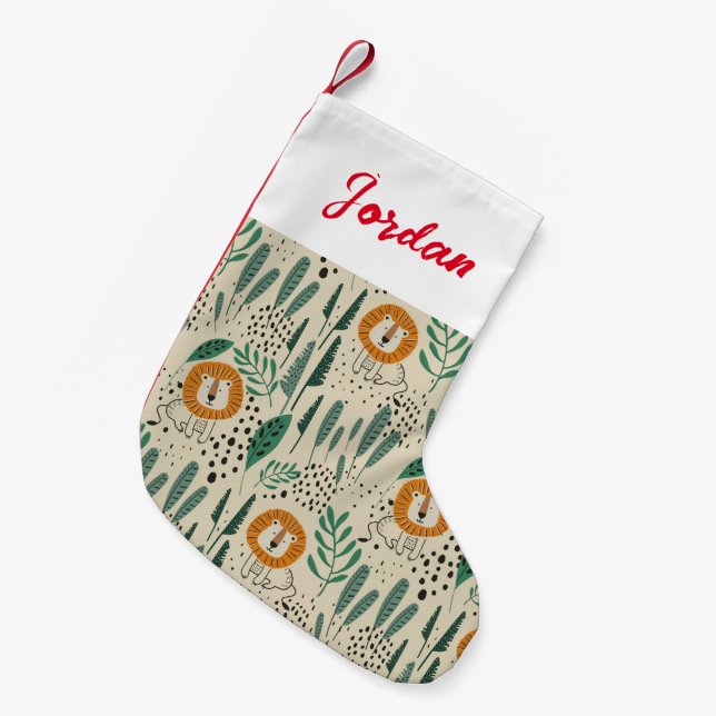 Cute Doodle Lion Jungle Rainforest Pattern Small Christmas Stocking (Front (Hanging))