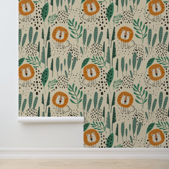 Cute Doodle Lion Jungle Rainforest Pattern Wallpaper (Application)