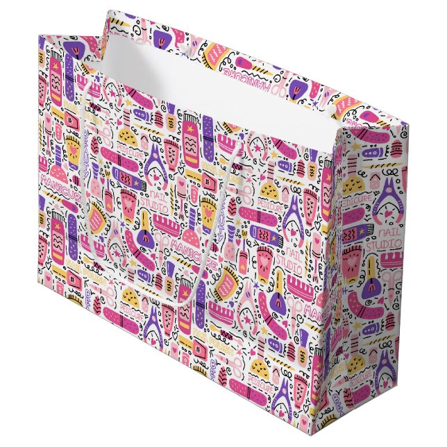 Cute Doodle Manicure Pattern Large Gift Bag (Front Angled)
