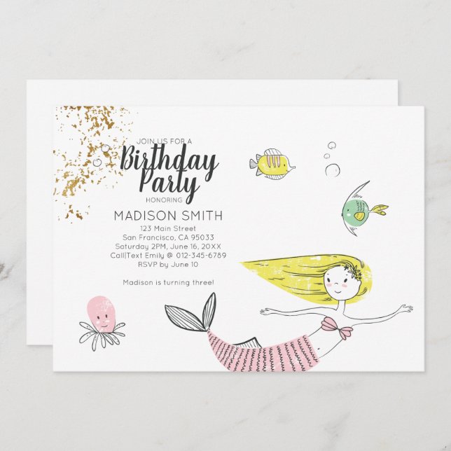 Cute Doodle Mermaid Faux Gold Birthday Invitation (Front/Back)