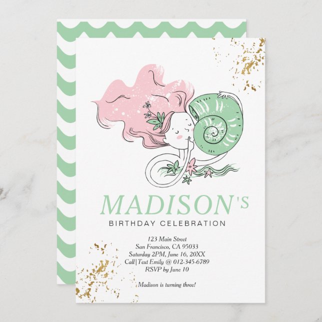 Cute Doodle Mermaid Faux Gold Birthday Invitation (Front/Back)
