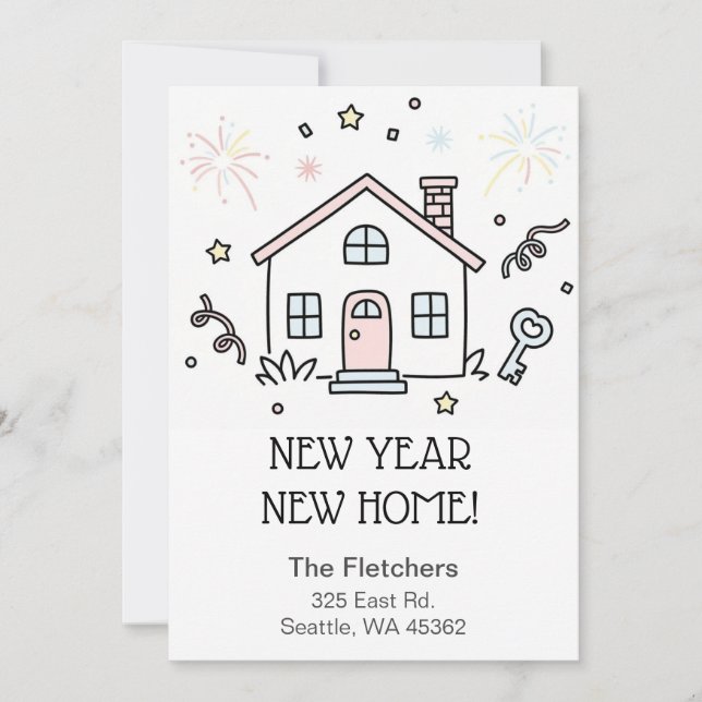 Cute Doodle New Year New Home Moving  Holiday Card (Front)