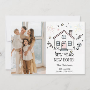 Cute Doodle New Year New Home Moving Photo Holiday Card