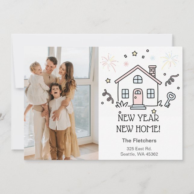 Cute Doodle New Year New Home Moving Photo Holiday Card (Front)