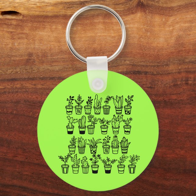 Cute Doodle Plants in Pots  Key Ring (Front)