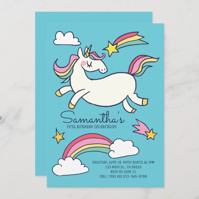Cute Doodle Rainbow Unicorn Stars Birthday Invitation (Front/Back)