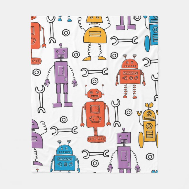 Cute doodle robots. Seamless pattern. Cartoon char Fleece Blanket (Front)