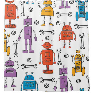 Cute doodle robots. Seamless pattern. Cartoon char Shower Curtain