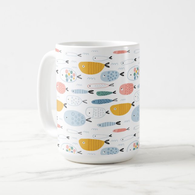 Cute Doodle School of Fish Pattern Coffee Mug (Front Left)