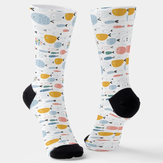 Cute Doodle School of Fish Pattern Socks (Angled)