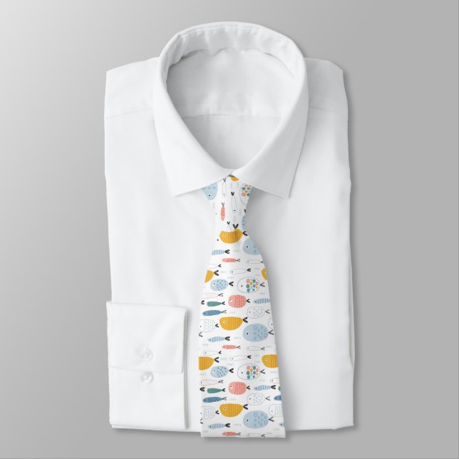 Cute Doodle School of Fish Pattern Tie (Tied)