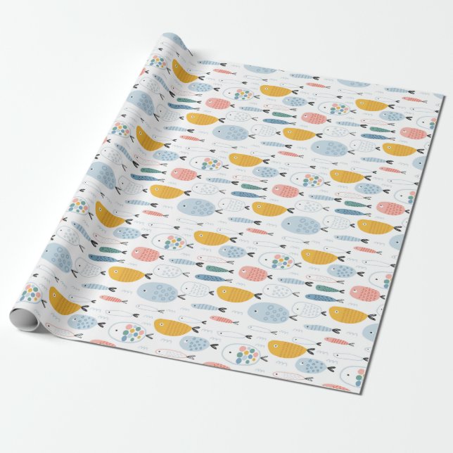 Cute Doodle School of Fish Pattern Wrapping Paper (Unrolled)