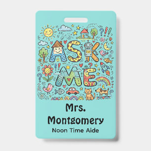 Cute Doodle School Volunteer Employee Badge ID Badge