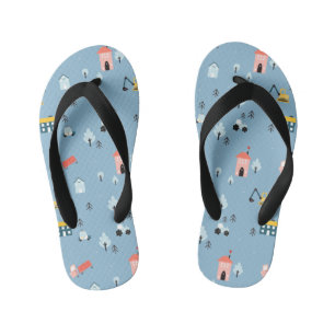 Cute Doodle Town Scene Pattern Kid's Thongs
