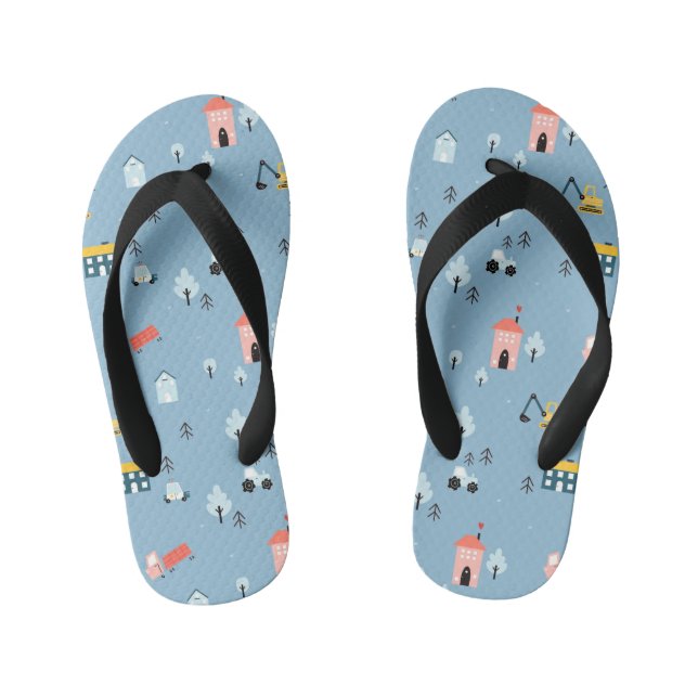 Cute Doodle Town Scene Pattern Kid's Thongs (Footbed)