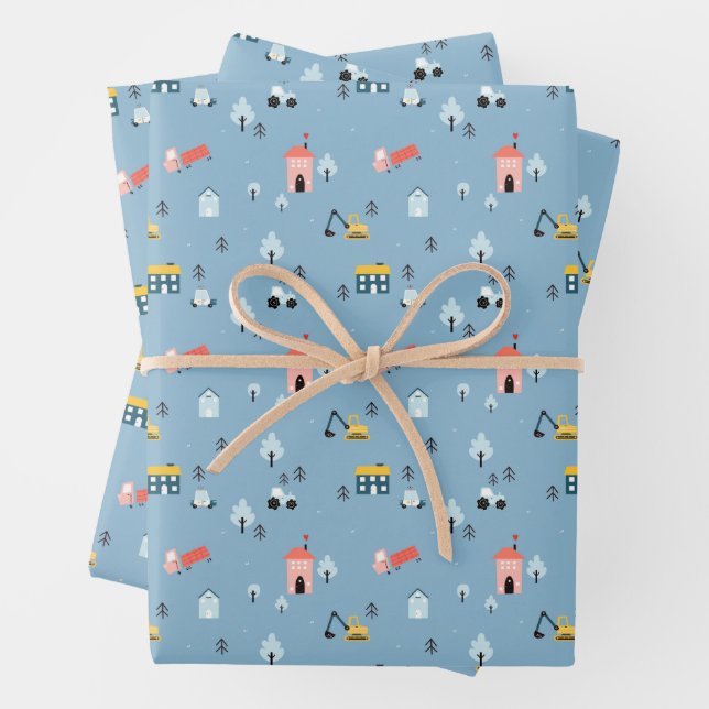 Cute Doodle Town Scene Pattern Wrapping Paper Sheet (In situ)