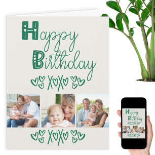 Cute Doodle Typography Green 3 Photo Birthday Card